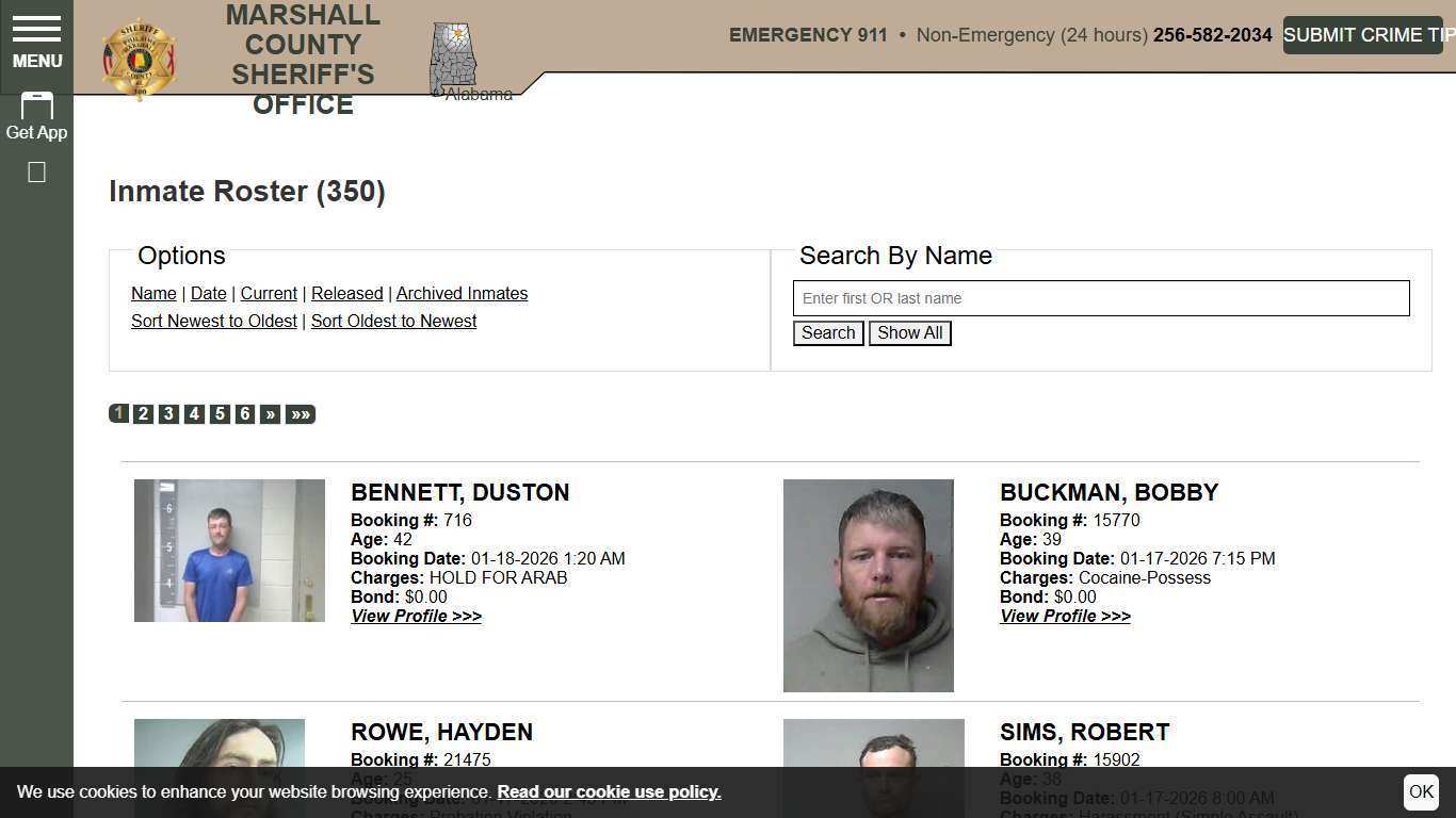 Inmate Roster | Marshall County Sheriff's Office | Sort Booking Time - Descending | Page 1